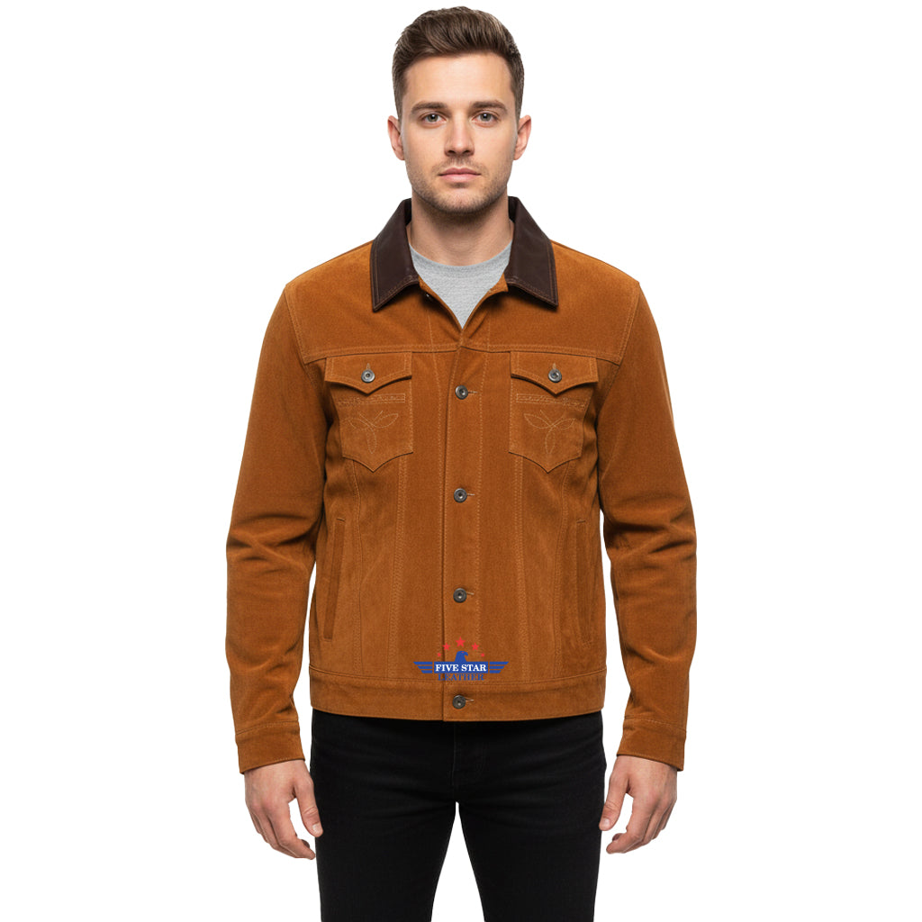 Men Trucker Tan Suede Classic Western Denim Leather Jacket Brown Collar 5XL Men Trucker Tan Suede Classic Western Denim Leather Jacket Brown Collar 5XL