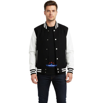 Men Real Leather Sleeve Varsity Baseball Bomber College Wool Jacket Blue & White