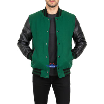 Men Real Leather Sleeve Varsity Baseball Bomber College Wool Jacket Black &Green