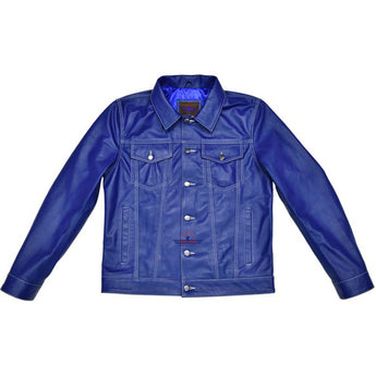 Men Trucker Real Leather Classic Western Denim Style Royal Blue Leather Jacket