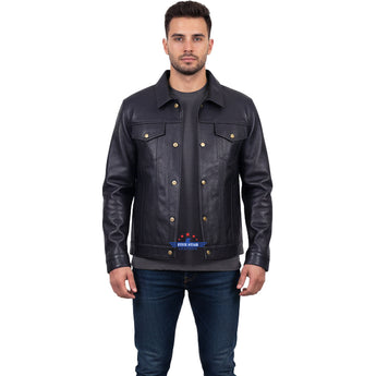 Men TRUCKER Real Goatskin Classic Western Denim Style Dark Brown Leather Jacket