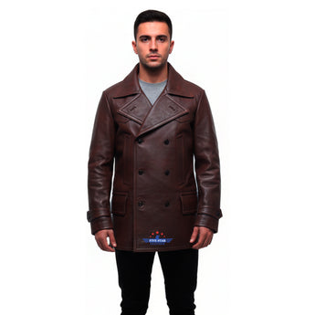 Fivestar Leather Men Double Breasted Horse Hide Mid Brown Coat