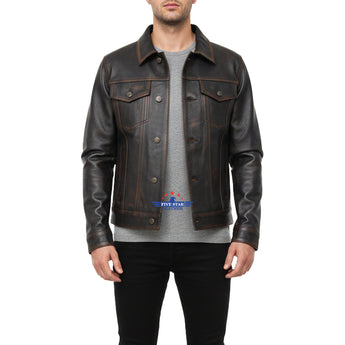 Men Trucker Real Goatskin Classic Western Denim Style Distressed Brown Leather Jacket