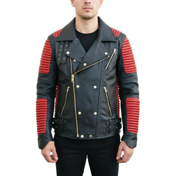God Gift Men's Black and Red Real Leather Jacket SPEED Golden Zipper