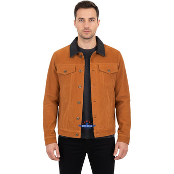 Men Trucker Tan Suede Classic Western Denim Style Leather Jacket Brown Collar