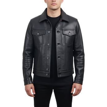 Men Trucker Black Goatskin Classic Western Denim Style with Action Back
