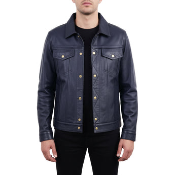 Men Trucker Real Black Goatskin Classic Western Denim Style Leather Black Jacket