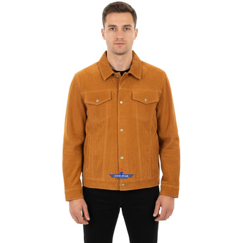 Men TRUCKER Suede Classic Retro Western Denim Style Real Cow Hide Leather Jacket