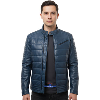 Men’s Quilted Leather Jacket Slim Fit Style Zipper Pockets