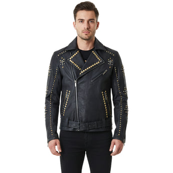 FiveStar Leather Men Fahion Black Studded Jacket Cowhide Nubuck