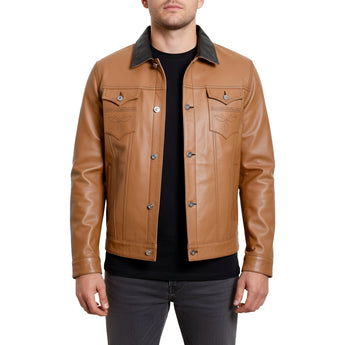 Fivestar Leather Men Trucker Real Goatskin Cognic Brown Classic Western Denim Style Leather Black Jacket