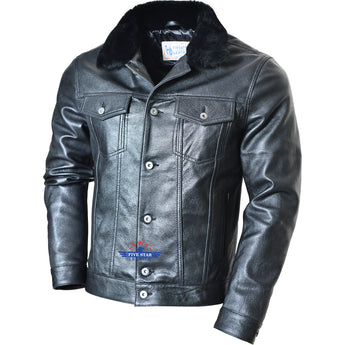 Five Star Leather Men’s Black Trucker Goat Hide Black Jacket with Mouton Fur Collar