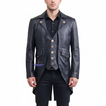 Men's Five Star Leather Black Tail Coat Gothic Steampunk