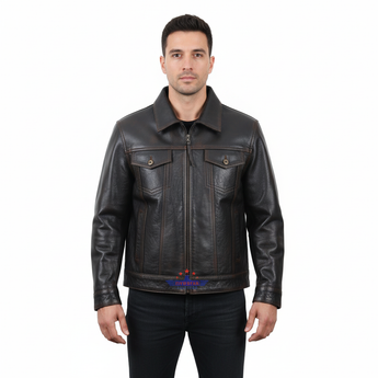FiveStar Leather  Men Trucker Classic Buffalo Distressed Brown Western Denim Leather Jacket
