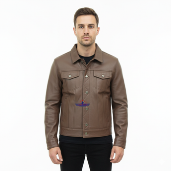 Men TRUCKER Real Goatskin Classic Western Denim Style Russet Brown Leather Jacket