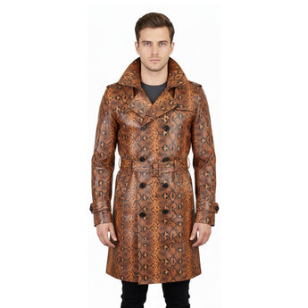 Men Fashion Real Leather Python Cobra Snake Textured Belted Long Coat Cowhide
