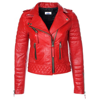 Women Ladies Red shoulder Diamond Quilted Lambskin Fashion Leather Jacket