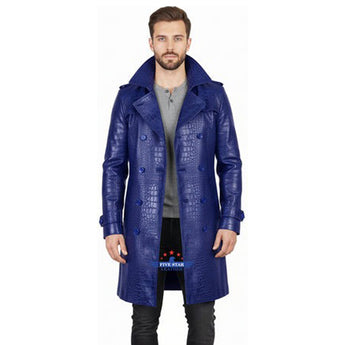 Men Real Hide Leather Embossed Jacket Royal Blue Coat