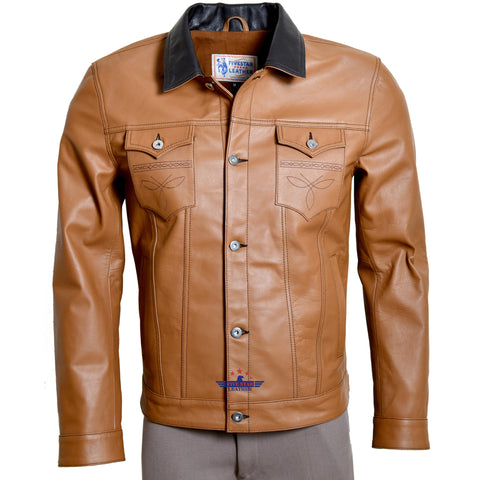 Fivestar Leather Men Trucker Real Goatskin Cognic Brown Classic Western Denim Style Leather Black Jacket