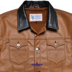 Fivestar Leather Men Trucker Real Goatskin Cognic Brown Classic Western Denim Style Leather Black Jacket