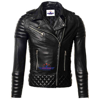 Women Ladies Black shoulder Diamond Quilted Lambskin Fashion Leather Jacket