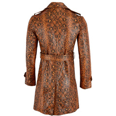 Men Fashion Real Leather Python Cobra Snake Textured Belted Long Coat Cowhide