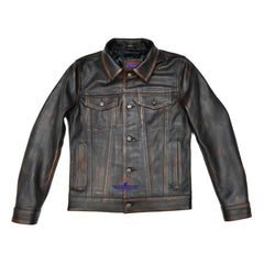 Men Trucker Real Goatskin Classic Western Denim Style Distressed Brown Leather Jacket