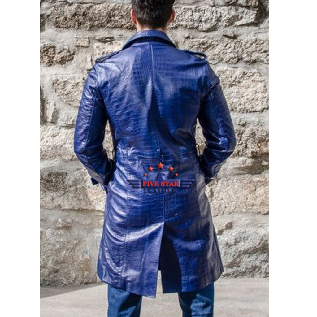 Mens Blue Varsity Leather Gator Embossed Sleeve Jacket 
