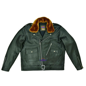 Men's Motorbike Real Goatskin Vintage Classic Jacket with Removable Fur Collar