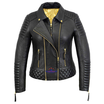 Women Real Leather Jacket Triple zip Padded Quilted Double Breasted