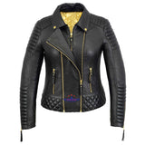 Women Real Leather Jacket Triple zip Biker style Padded Quilted Double Breasted