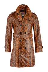 Men Fashion Real Leather Python Cobra Snake Textured Belted Long Coat Cowhide