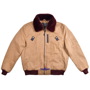 Men Army B-15 Pilot Flight Mouton Fur Collar Fabric Jacket