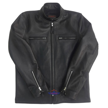 Mens Vintage Cafe Racer Black Geniune Goatskin Leather Slim Fit Racer Jacket