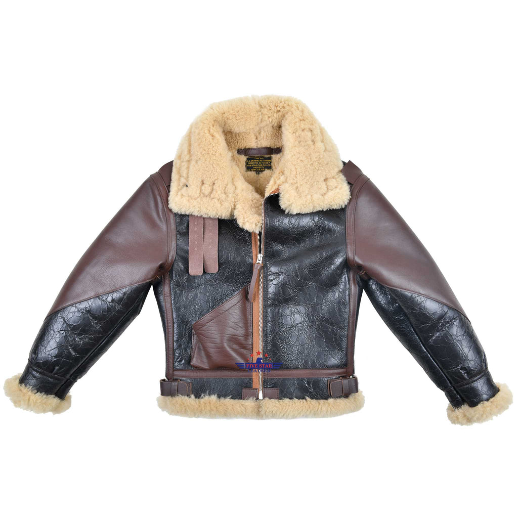 Kids Type B3 Sheepskin Leather Bomber Flight Jacket Seal Brown