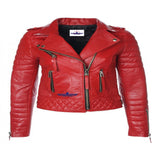 Women Ladies Red shoulder Diamond Quilted Biker LambSkin Fashion Leather Jacket
